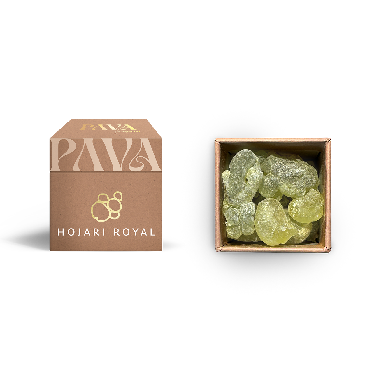 Der Weihrauch „Hojari Royal“ von PAVAFUMA – links die edle, sandfarbene Duft-Box mit goldgeprägtem Logo, rechts daneben der Blick von oben in die geöffnete Verpackung, in der die großen, hellgrünen Weihrauchstücke des hochwertigen Hojari Harzes aus dem Oman zu sehen sind.