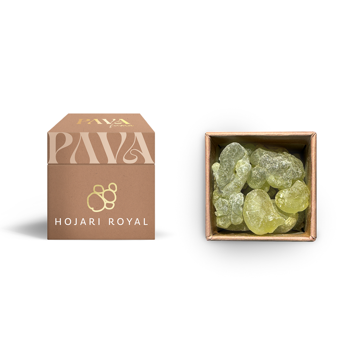 Der Weihrauch „Hojari Royal“ von PAVAFUMA – links die edle, sandfarbene Duft-Box mit goldgeprägtem Logo, rechts daneben der Blick von oben in die geöffnete Verpackung, in der die großen, hellgrünen Weihrauchstücke des hochwertigen Hojari Harzes aus dem Oman zu sehen sind.