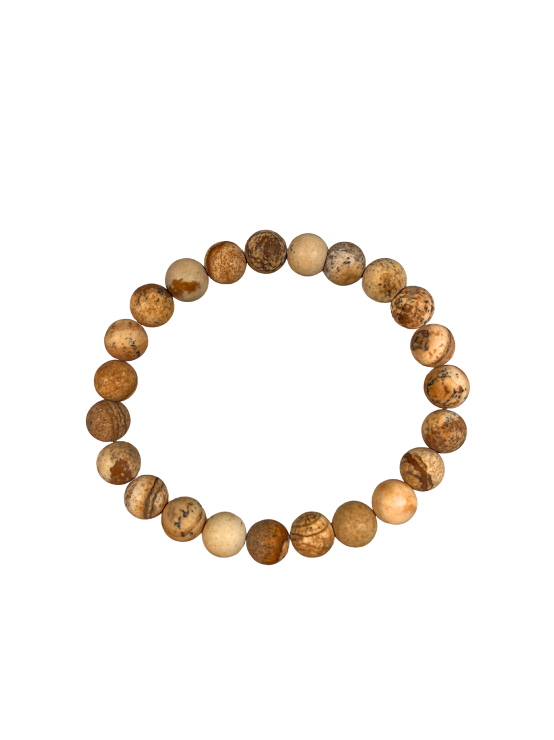 Ein elastisches Armband aus Landschaftsjaspis mit matten, runden Perlen in warmen Erd- und Beigetönen. Jede Perle zeigt eine einzigartige Maserung mit natürlichen Linien und Mustern – von sandfarben bis ockerbraun. Das Armband liegt freigestellt vor hellem Hintergrund und vermittelt eine naturnahe, erdende Ausstrahlung – ideal für Achtsamkeit, Erdung und stilvolle Begleitung im Alltag.