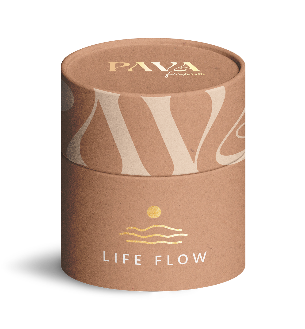 LIFE FLOW Räuchermischung in einem braunen Papertube, einem dekorativen Pappzylinder. Enthält eine Mischung aus Lavendel, Brennnessel, Myrrhe und weiteren Zutaten. Die Räuchermischung wirkt beruhigend und ausgleichend. Die Verpackung zeigt das Logo von Paya Fuma und goldene Details, mit einem fließenden Design. Auf dem Deckel ist das Logo ebenfalls in Gold geschrieben.