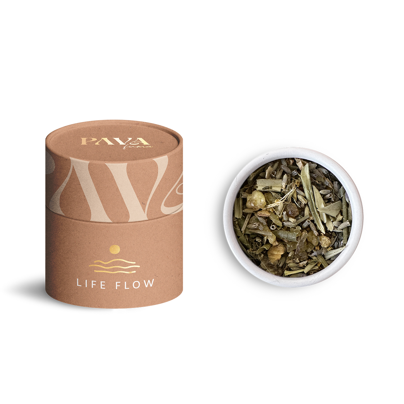 Räuchermischung Life Flow von PAVAFUMA – links die stilvolle, braune Tube mit goldener Wellen-Symbolik, rechts daneben die geöffnete Tube mit Blick auf die naturreine Mischung aus Olivenblättern, Lavendel und weiteren klärenden Kräutern. Ideal für Rituale, Meditation und einen ausgleichenden, belebenden Duftmoment im Alltag.