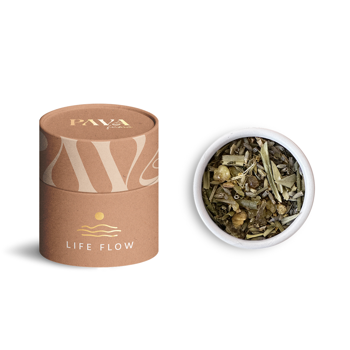 Räuchermischung Life Flow von PAVAFUMA – links die stilvolle, braune Tube mit goldener Wellen-Symbolik, rechts daneben die geöffnete Tube mit Blick auf die naturreine Mischung aus Olivenblättern, Lavendel und weiteren klärenden Kräutern. Ideal für Rituale, Meditation und einen ausgleichenden, belebenden Duftmoment im Alltag.