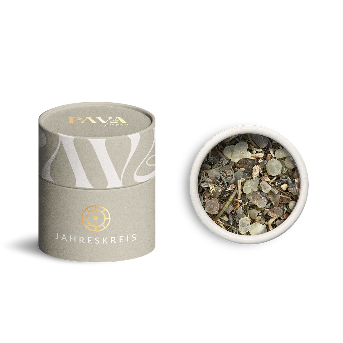 PAVA FUMA Jahreskreis Räuchermischung Ostara in zartgrüner Designverpackung mit goldener Prägung und Blick auf die Mischung in der geöffneten Runddose – frühlingshafte Komposition aus Blüten, Harzen und Kräutern für Ostara-Rituale.