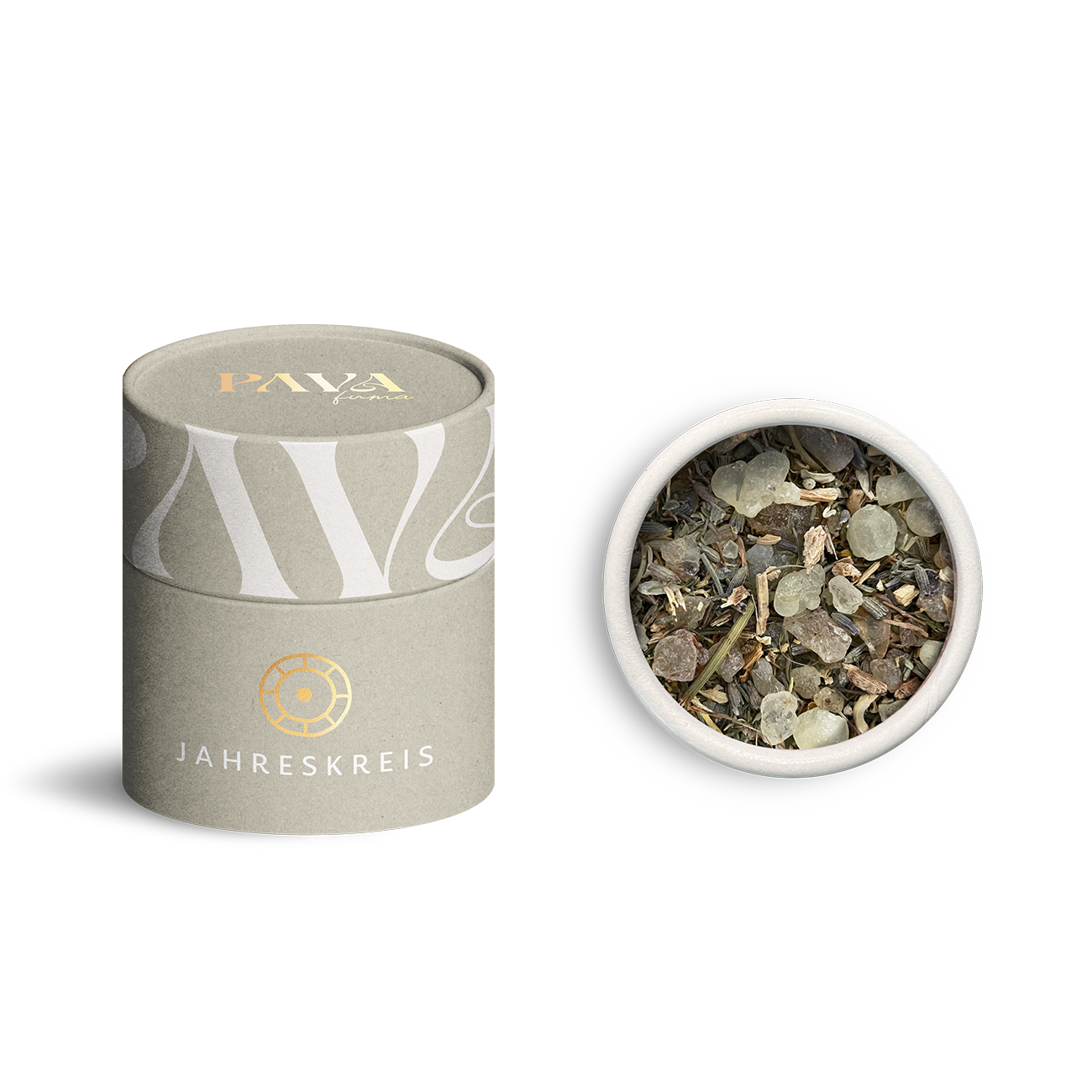 PAVA FUMA Jahreskreis Räuchermischung Ostara in zartgrüner Designverpackung mit goldener Prägung und Blick auf die Mischung in der geöffneten Runddose – frühlingshafte Komposition aus Blüten, Harzen und Kräutern für Ostara-Rituale.