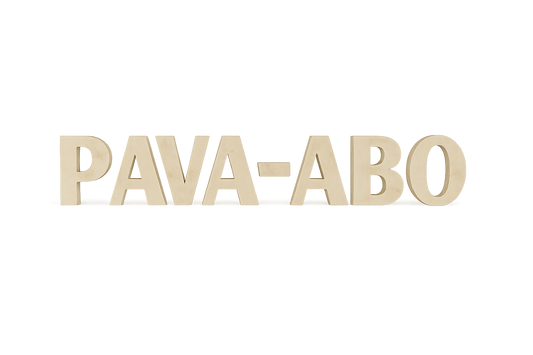 3D-Schriftzug „PAVA-ABO“ aus travertinartigem Material. Die Buchstaben stehen einzeln nebeneinander auf einer glatten Fläche, werfen einen dezenten Schatten nach unten und wirken dadurch plastisch. Der Hintergrund ist neutral grau mit leichter vertikaler Struktur und sanfter Beleuchtung hinter den Buchstaben, was ihnen eine elegante, hochwertige Ausstrahlung verleiht.