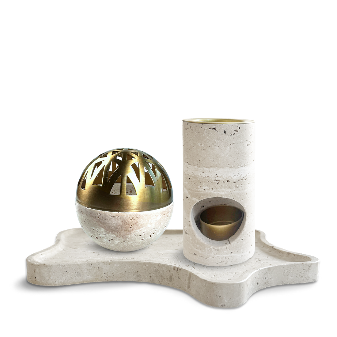 Design-Set aus naturbelassenem Travertinstein mit goldfarbenen Akzenten – bestehend aus einer dekorativen Räucherkugel und einer hochwertigen Aromalampe. Perfekt für stilvolle Duft- und Räucherrituale im modernen Wohnambiente.