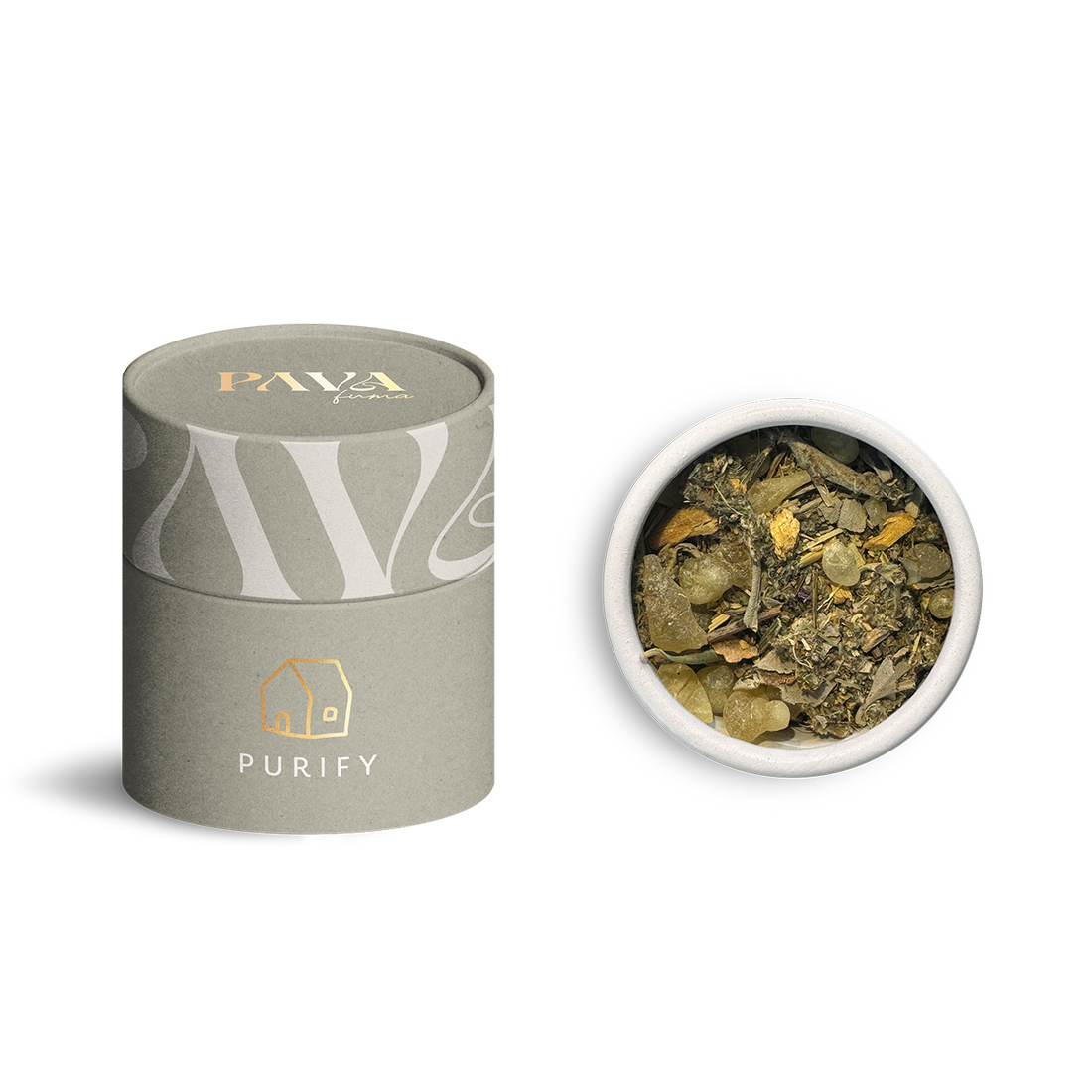 PAVA FUMA Räuchermischung ‚Purify‘ – elegante graue Tube mit goldfarbenem Haus-Symbol, daneben eine geöffnete Schale mit naturbelassener Mischung aus Harzen, Kräutern und Blüten – ideal zur energetischen Hausreinigung, Raumklärung und für reinigende Rituale.