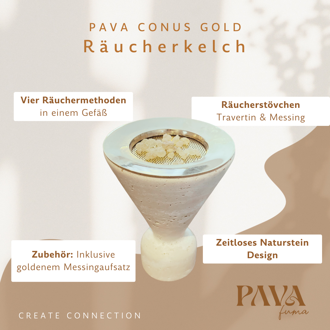 Räucherkelch PAVA CONUS aus hellem Travertin-Naturstein mit minimalistischer, kelchförmiger Silhouette. Das exklusive Gefäß ist nachhaltig, handgefertigt und als stilvolles Unikat für moderne Räucherrituale konzipiert. Labels wie „Naturstein“, „Exklusives Dekor“, „Nachhaltige Räuchergefäße“ und „Handgefertigte Unikate“ heben die Besonderheiten hervor. Hintergrund in weichem Licht mit Markenbotschaft „Create Connection“ und Logo von PAVA FUMA – reduziert, hochwertig, stilvoll.