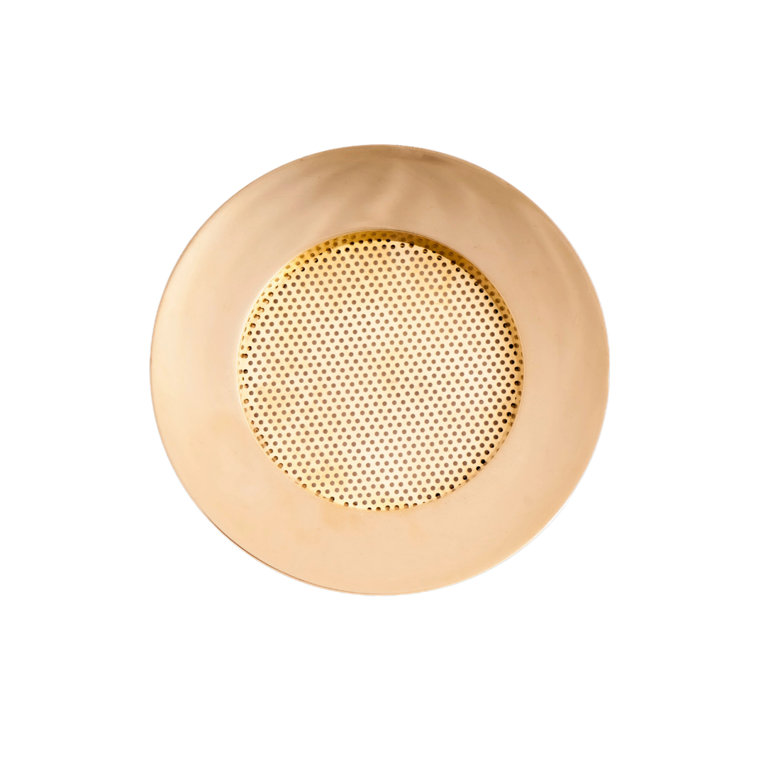 Rundes, goldenes Metallsieb mit feiner Lochstruktur – ideal zur Verwendung auf einem Räucherstövchen. Das Sieb ist flach, gleichmäßig perforiert und leicht nach innen gewölbt, um Harze oder Kräuter darauf sicher zu platzieren. Die glänzende Messingoptik sorgt für einen hochwertigen Look.