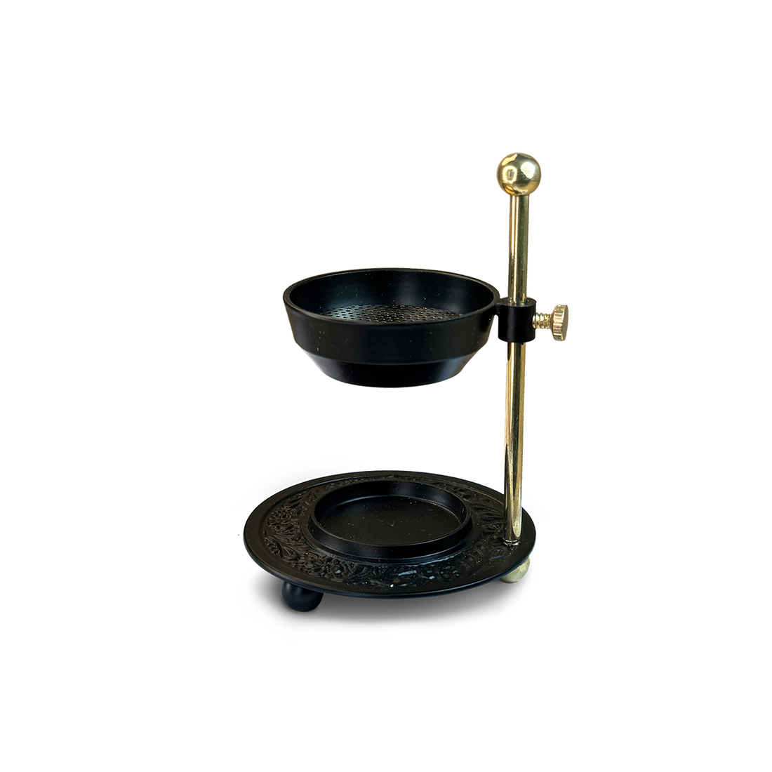 Höhenverstellbares Räucherstövchen mit Sieb aus schwarzem Metall und Messing von PAVA FUMA – ideal zum sanften Räuchern von Harzen und Kräutern über Teelicht. Elegant, funktional und stilvoll für moderne Rituale und achtsame Momente.