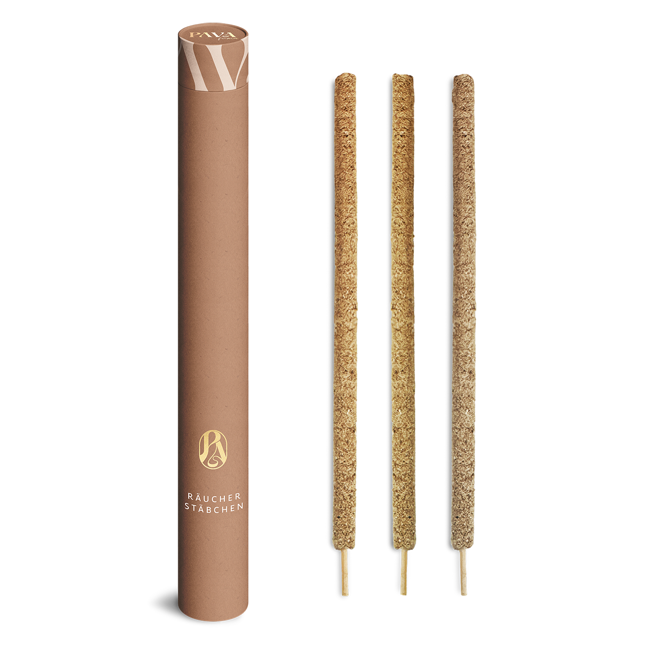 Räucherstäbchen von PAVAFUMA – links eine hohe, zylindrische Papp-Tube in Naturbraun mit stilisiertem Logo und dem Schriftzug „RÄUCHERSTÄBCHEN“, rechts daneben drei naturbelassene, hochwertige Räucherstäbchen mit goldenem Holzfuß. Die Stäbchen sind frei von künstlichen Zusätzen und entfalten beim Abbrennen einen sanften, naturreinen Duft – ideal für Meditation, Rituale oder entspannte Momente im Alltag.