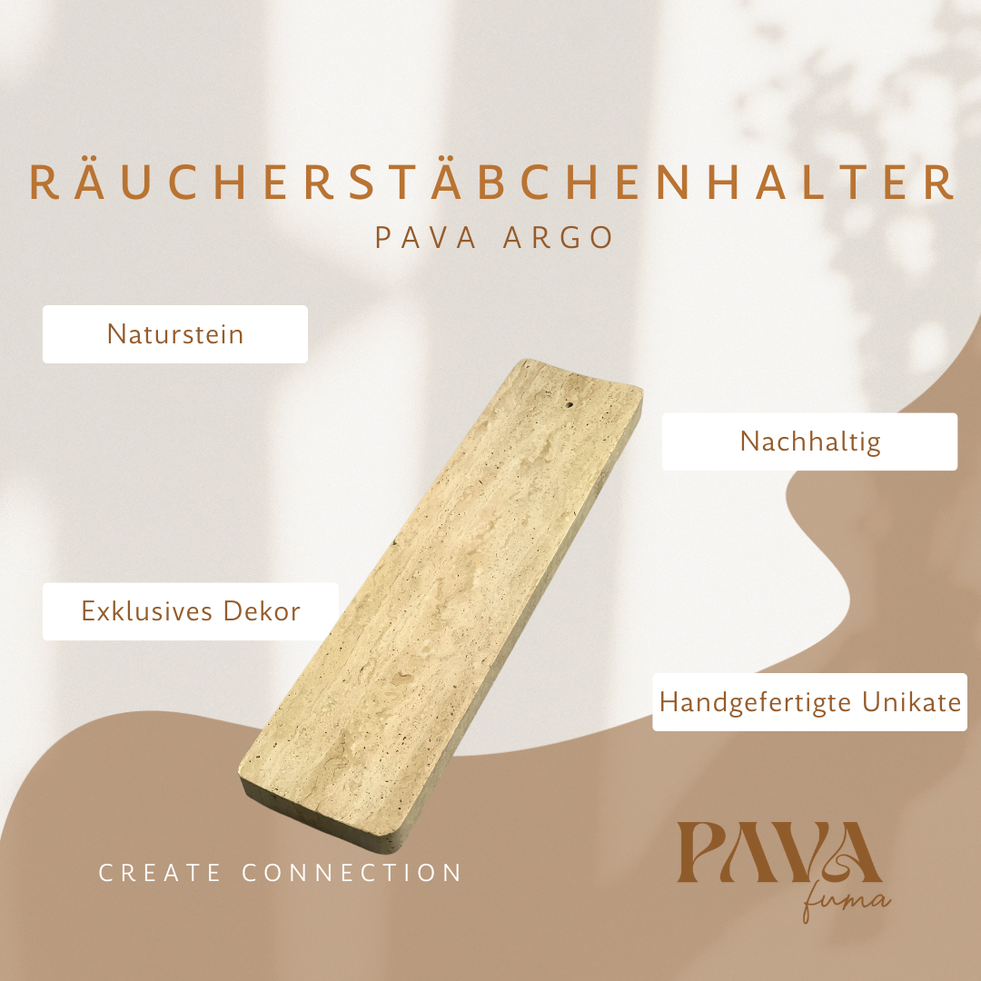 PAVA ARGO – rechteckiger Räucherstäbchenhalter aus beigem Travertin. Handgeschliffenes Unikat mit feiner Maserung, klarer Form und natürlicher Eleganz. Nachhaltig, modern und perfekt für stilvolle Räuchermomente.