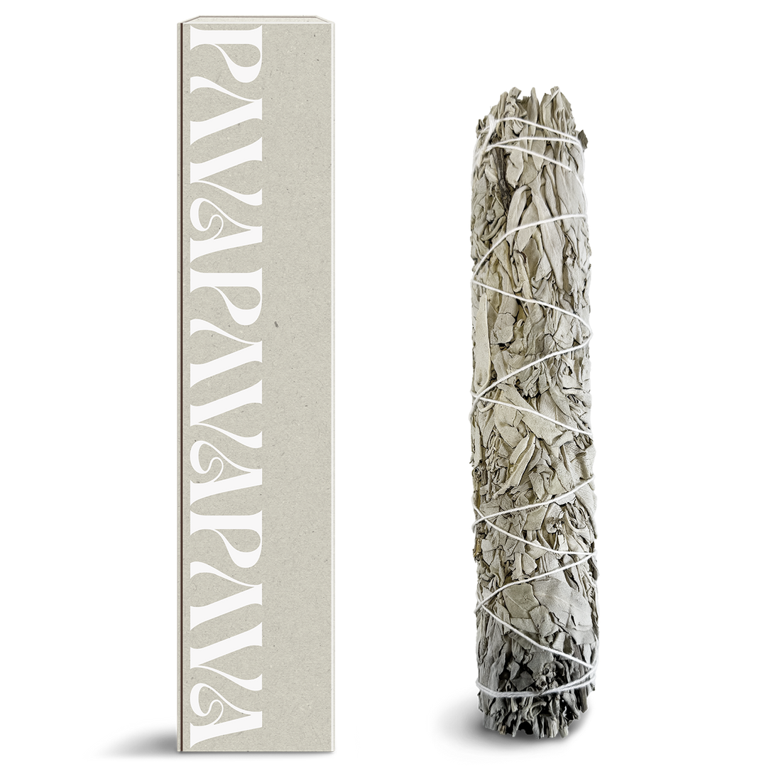 Großes weißes Salbeibündel von PAVAFUMA – dargestellt mit hochwertiger Verpackung im minimalistischen Design. Das kunstvoll gebundene Bündel aus getrocknetem weißen Salbei eignet sich ideal zur energetischen Reinigung von Räumen und zur Unterstützung spiritueller Rituale und Meditationen.