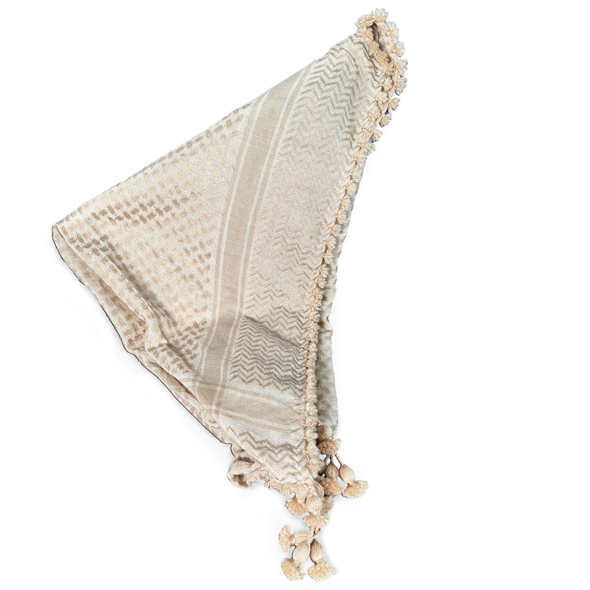 Beiges Dreieckstuch mit zartem Webmuster und geknoteten Quasten – aus weichem, fließendem Stoff. Ideal für Rituale, Zeremonien oder als stilvolles Accessoire mit naturverbundener Ausstrahlung.