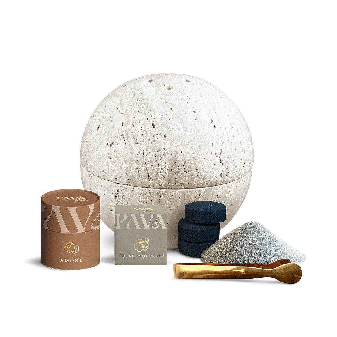 Räucherset Sphera Maxi Beige von PAVA FUMA – edles, rundes Räuchergefäß aus hellem Travertinstein, kombiniert mit der AMORE Räuchermischung, hochwertigem Hojari Superior Weihrauch, schwarzer Räucherkohle, feinem Räuchersand und einer stilvollen goldfarbenen Räucherzange. Ein ästhetisches Komplettset für dein persönliches Räucherritual.