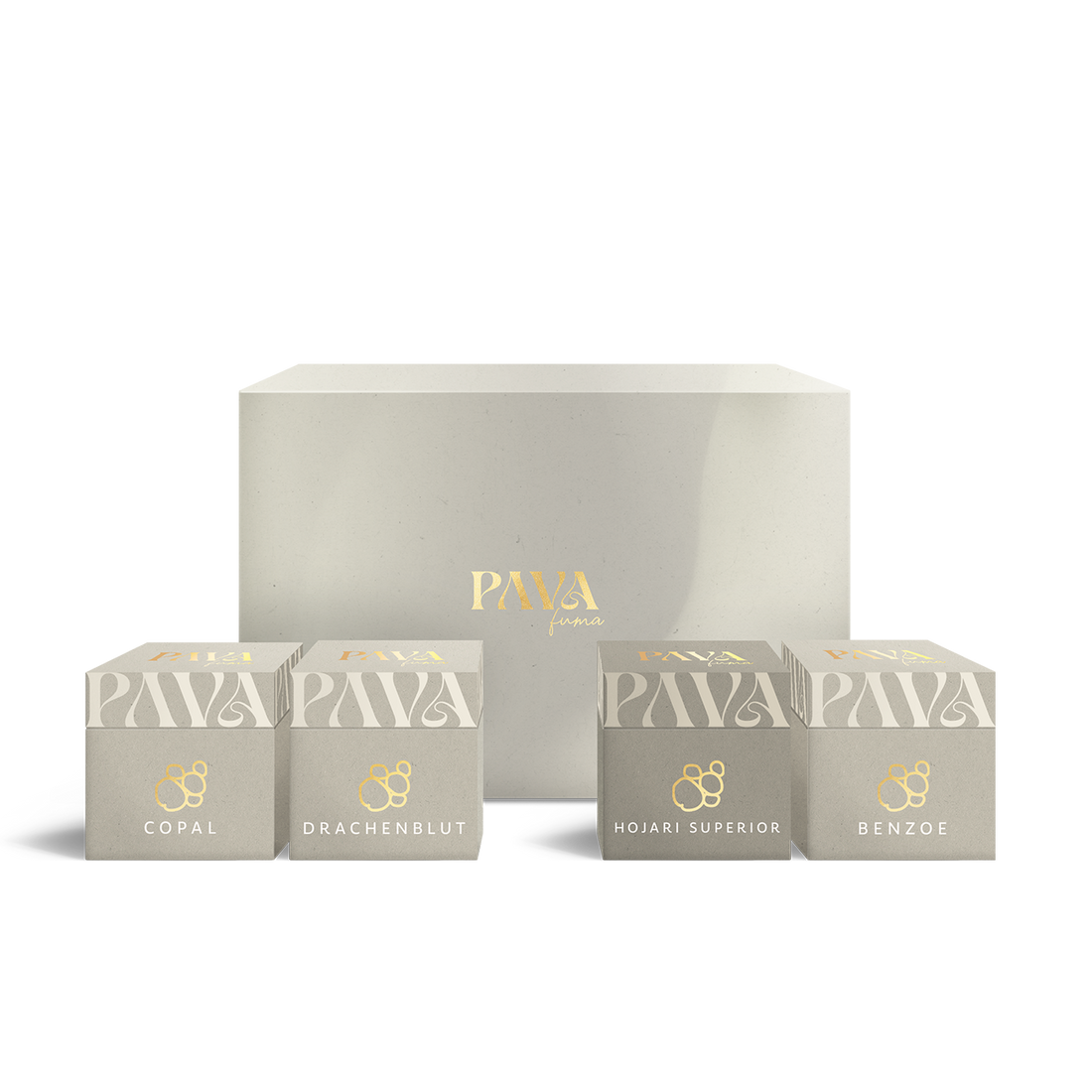Räucherharz Set mit vier Harzschachteln: Copal, rachenblut, Hojari Superior und Benzoe.