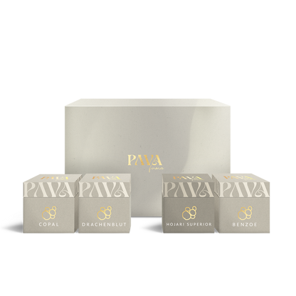 Räucherharz Set mit vier Harzschachteln: Copal, rachenblut, Hojari Superior und Benzoe.