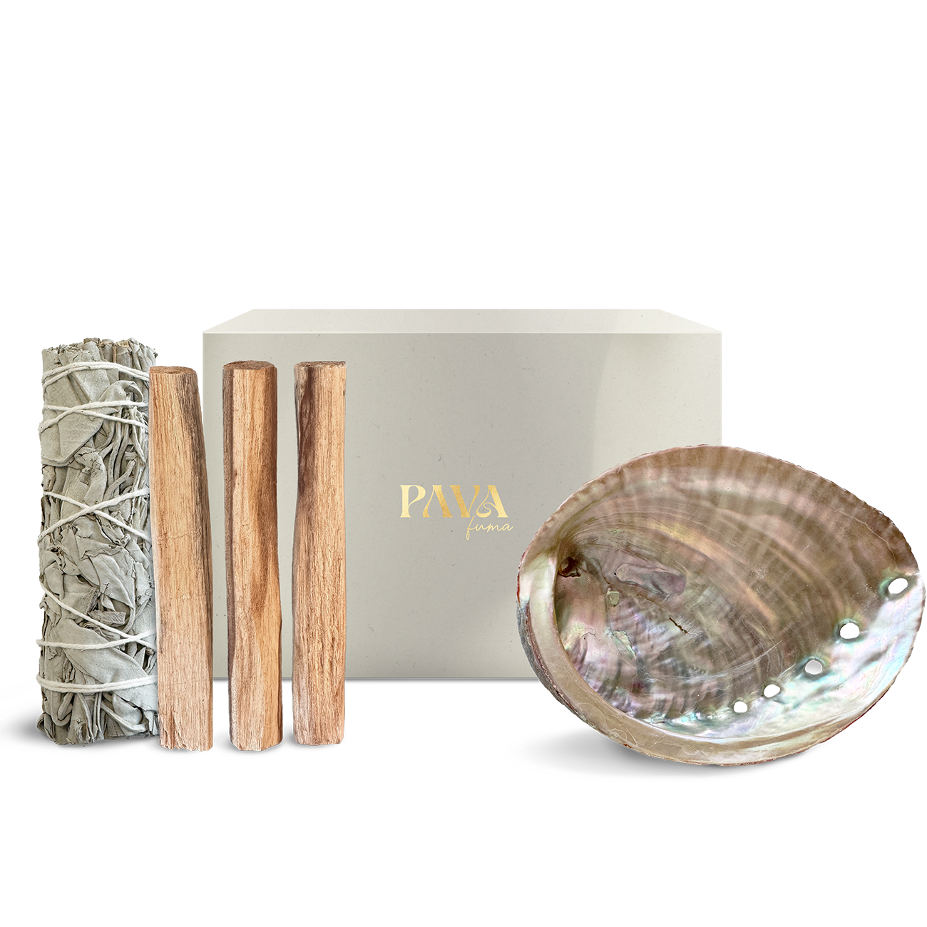 Mindful Moment Set von PAVAFUMA – abgebildet ist ein stilvolles Räucherset bestehend aus einer eleganten Box mit goldener Prägung, drei Palo Santo Hölzern, einem weißen Salbeibündel und einer schimmernden Abalone-Muschel. Ideal für achtsame Rituale, energetische Reinigung und entspannte Auszeiten im Alltag.