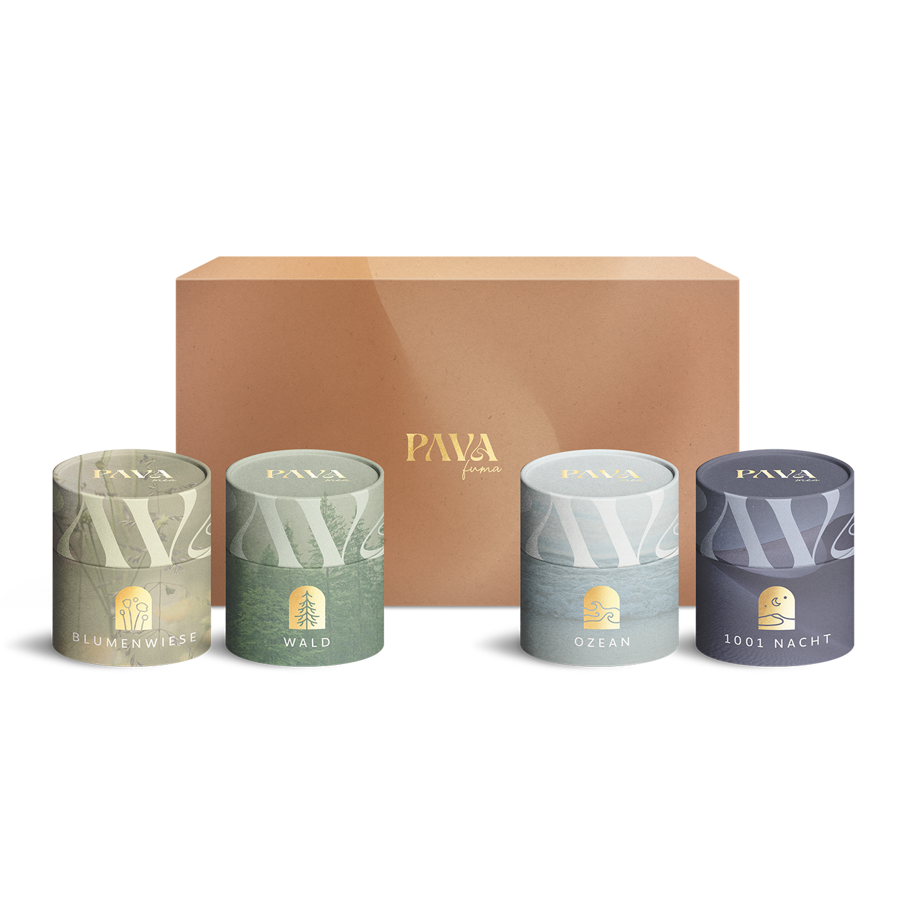 Duftritual-Set von PAVAFUMA mit vier natürlichen Räuchermischungen: Blumenwiese, Wald, Ozean und 1001 Nacht – stilvoll verpackt in einer eleganten Geschenkbox mit goldfarbenem Logo. Ideal für entspannte Momente, Aromatherapie, Meditation und besondere Duftreisen. Natürliche Inhaltsstoffe, modernes Design, perfekt als Geschenk oder für persönliche Rituale.
