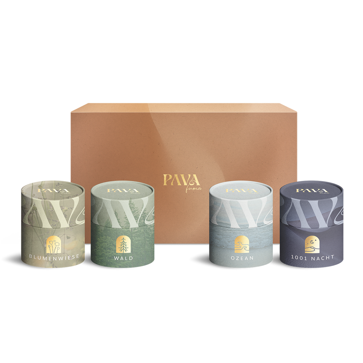 Duftritual-Set von PAVAFUMA mit vier natürlichen Räuchermischungen: Blumenwiese, Wald, Ozean und 1001 Nacht – stilvoll verpackt in einer eleganten Geschenkbox mit goldfarbenem Logo. Ideal für entspannte Momente, Aromatherapie, Meditation und besondere Duftreisen. Natürliche Inhaltsstoffe, modernes Design, perfekt als Geschenk oder für persönliche Rituale.