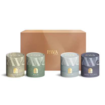 Duftritual-Set von PAVAFUMA mit vier natürlichen Räuchermischungen: Blumenwiese, Wald, Ozean und 1001 Nacht – stilvoll verpackt in einer eleganten Geschenkbox mit goldfarbenem Logo. Ideal für entspannte Momente, Aromatherapie, Meditation und besondere Duftreisen. Natürliche Inhaltsstoffe, modernes Design, perfekt als Geschenk oder für persönliche Rituale.