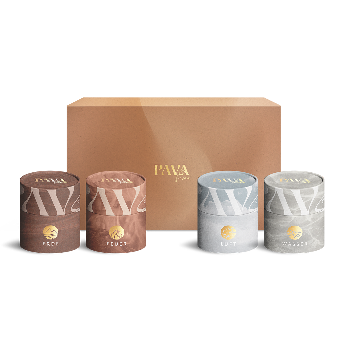 Set aus vier edlen Räuchermischungen in farblich abgestimmten Design-Tubes mit den Elementen Erde, Feuer, Luft und Wasser von PAVAFUMA. Die geöffnete Geschenkbox im Hintergrund präsentiert das stilvolle Branding. Ideal für Rituale, Meditation und achtsame Momente. Enthält natürliche Harze, Kräuter und Hölzer in hochwertiger Verpackung.