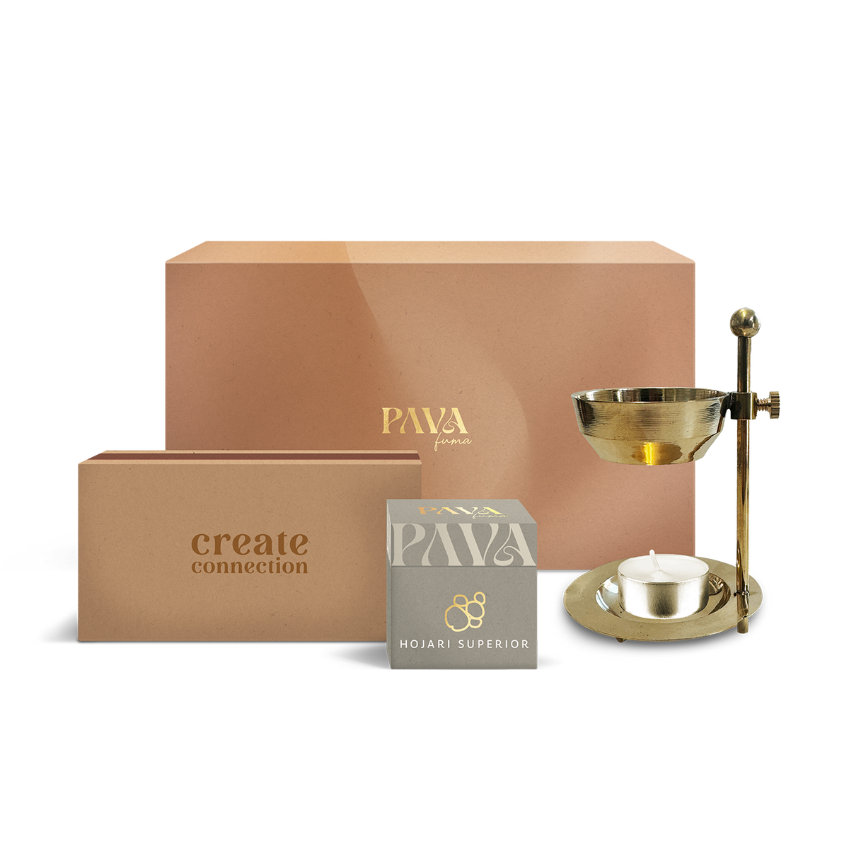 Elegantes Räucherset von PAVAFUMA mit Hojari Superior Weihrauch, hochwertigem goldfarbenem Stövchen, Teelicht und stilvoller Geschenkverpackung. Die Boxen tragen die Aufschriften „PAVAFUMA“ und „create connection“. Ideal für stilvolle Räucherrituale, Entspannung und besondere Momente. Hochwertiges Set für Achtsamkeit, Raumreinigung und bewusste Auszeiten.