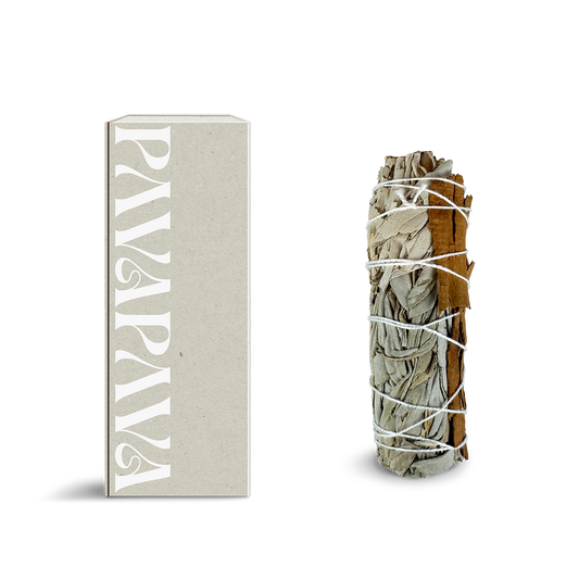 Weißer Salbei Räucherbündel von PAVAFUMA – rechts ein kompakt gebundenes Bündel aus silbrig-weißen Salbeiblättern, traditionell verschnürt für achtsames Räuchern. Links daneben eine minimalistische, hochwertige Verpackung in hellem Naturton mit vertikalem PAVAFUMA-Schriftzug. Ideal für energetische Reinigungsrituale, Hausreinigung und Meditation – der intensive, krautige Duft klärt die Atmosphäre und unterstützt bewusste Übergänge.