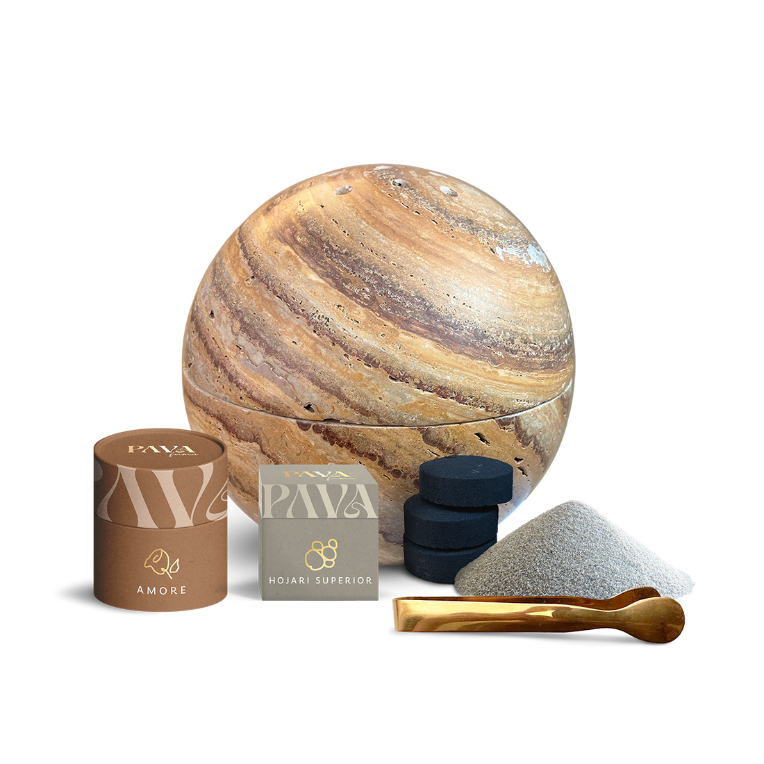 Räucherset mit großer Kugel-Räucherschale aus braunem Travertin von PAVA FUMA – inklusive Amore Räuchermischung, Hojari Superior Weihrauch, Räucherkohle, Sand und goldener Räucherzange. Ideal für stilvolles, kraftvolles Räuchern mit hochwertigen Naturmaterialien.