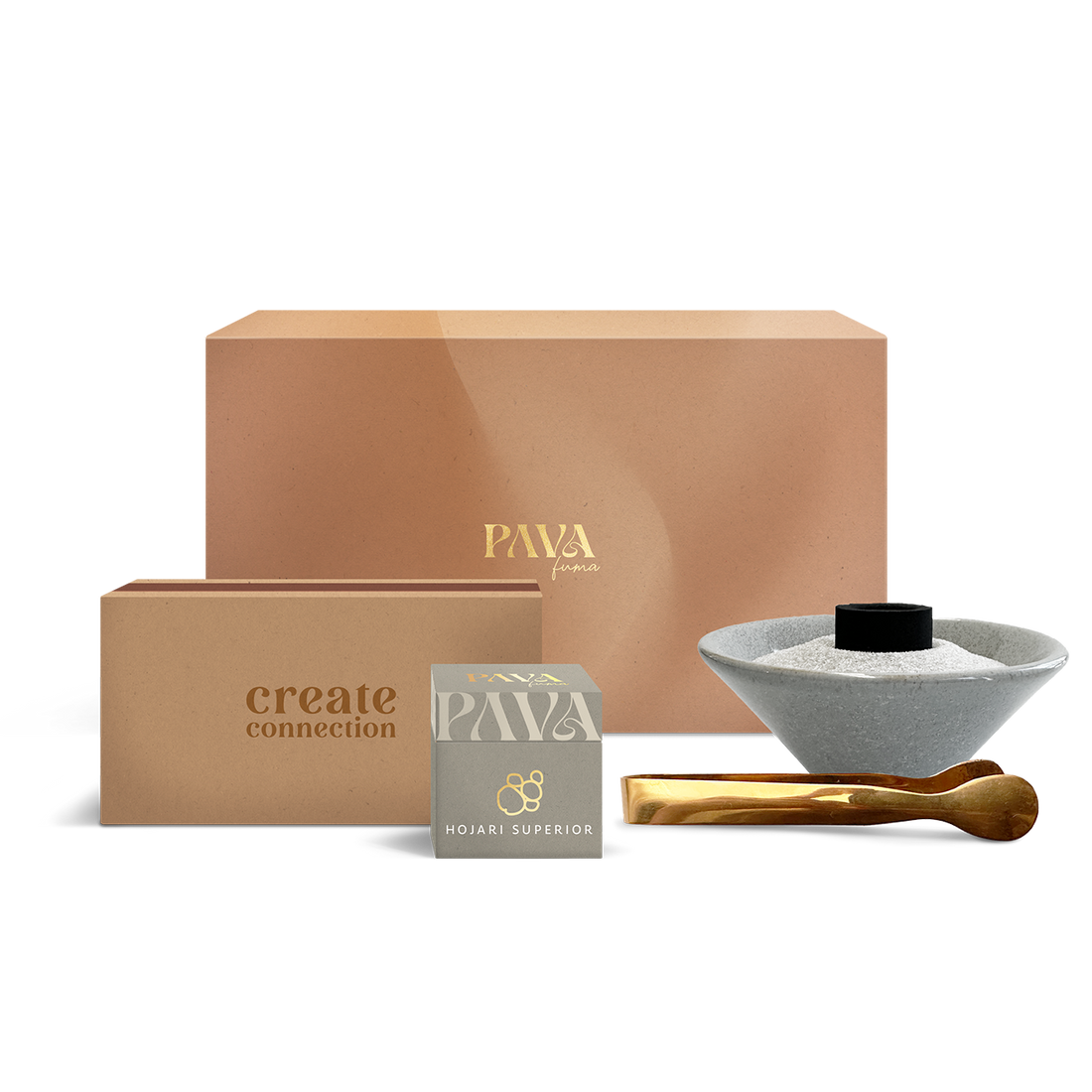 Räucherstarter-Set von PAVA FUMA mit großer Geschenkbox, einer „Create Connection“-Zündholzschachtel, Hojari Superior Weihrauch, Räuchersand, Kohletabletten, grauer Räucherschale aus Stein und eleganter goldfarbener Räucherzange – alles, was du für den Einstieg ins Räucherritual brauchst.