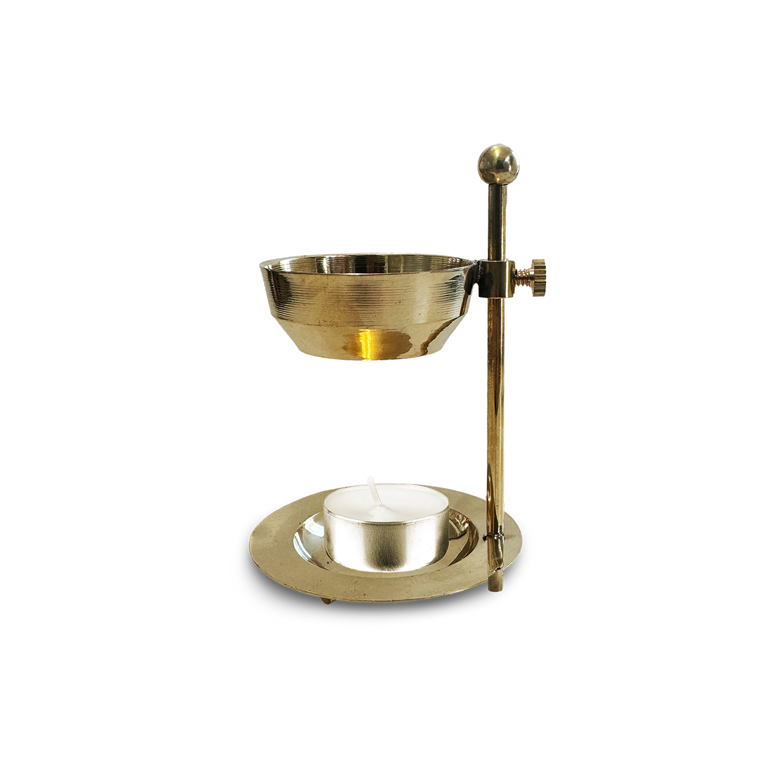 Edles goldenes Räucherstövchen aus Metall mit verstellbarer Höhe – bestehend aus einer filigranen Schale für Harze oder Öle und einer Halterung für ein Teelicht darunter. Ideal zur schonenden Erwärmung von Weihrauch, Harzen und Räuchermischungen. Zeitloses Design für stilvolle Rituale und moderne Wohnräume.