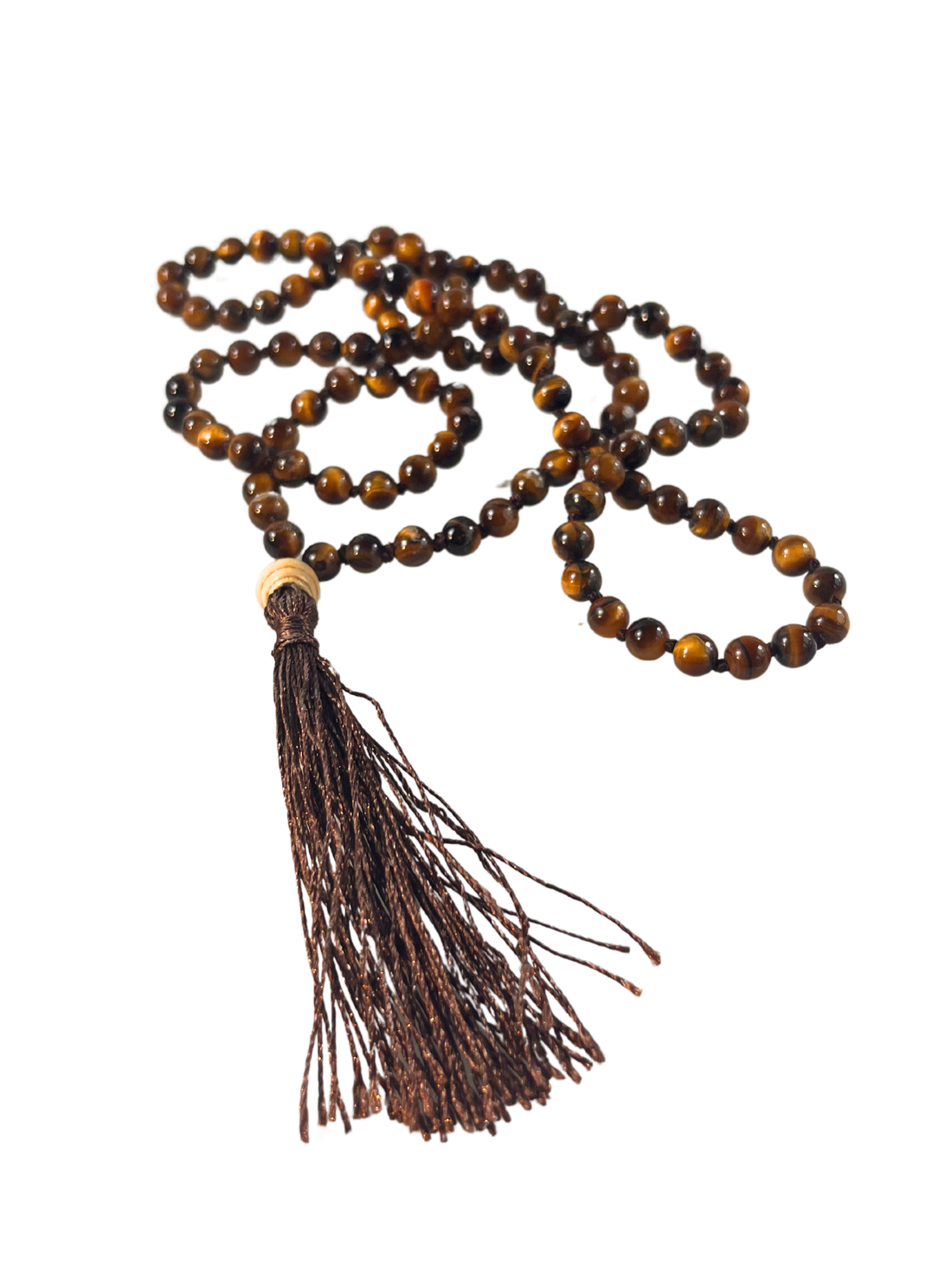 Mala Kette Tigerauge mit 108 handgeknüpften Perlen und Holzperle vor der Quaste