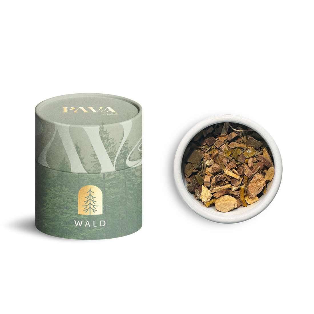 Wald Räuchermischung von PAVAFUMA – eine naturverbundene Duftkomposition aus Hölzern, Harzen und Waldkräutern für Erdung und Klarheit. Links im Bild die stilvolle, grün gestaltete Tube mit goldgeprägtem Tannen-Symbol, rechts die geöffnete Tube von oben mit sichtbar natürlicher Mischung aus fein gehackter Rinde, Nadeln und Harzen.